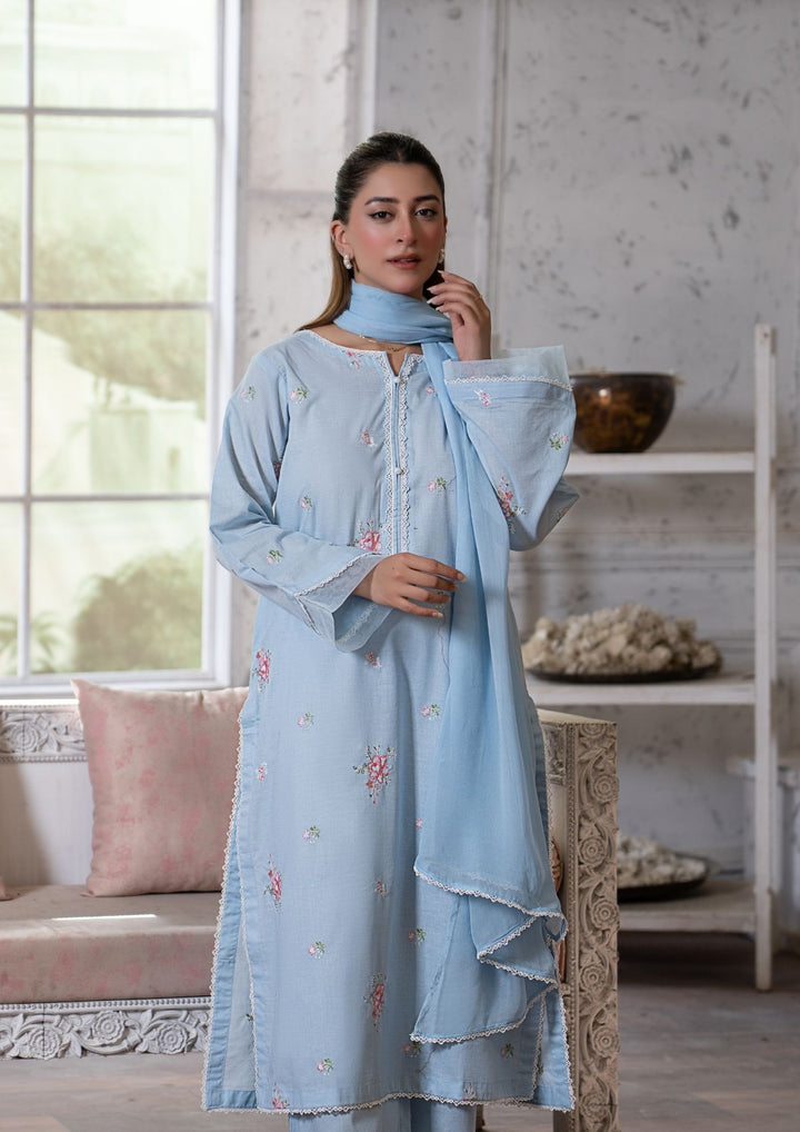 3Pc Multi Embroidered Lawn with Chiffon Dupatta Sky Blue RIW-R26-0039