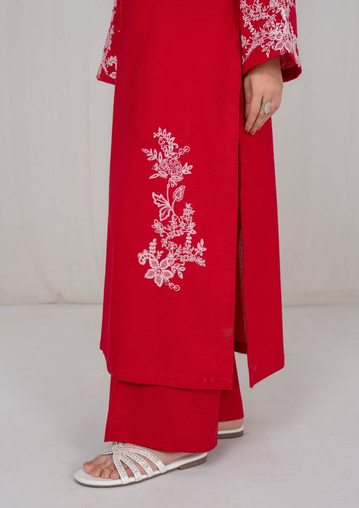 3Pc Red Embroidered Lawn with Chiffon Dupatta RIW-R26-0007