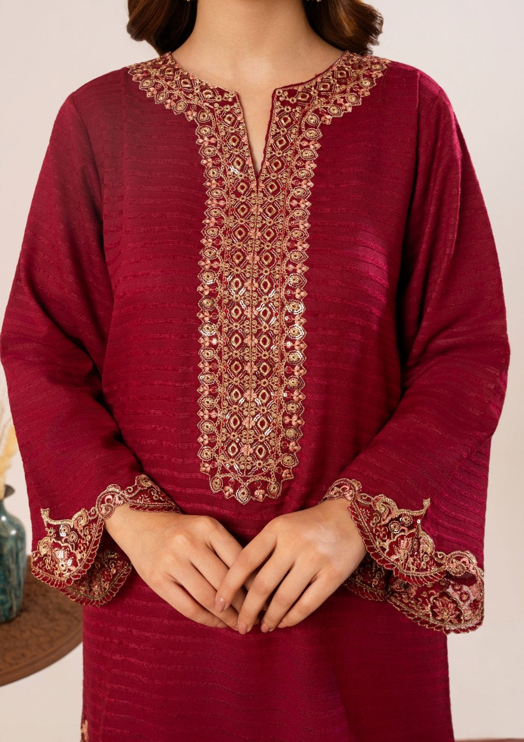 3Pc Alpine Velvet Tilla Embroidered with Velvet Shawl Maroon AFP-A25-0003