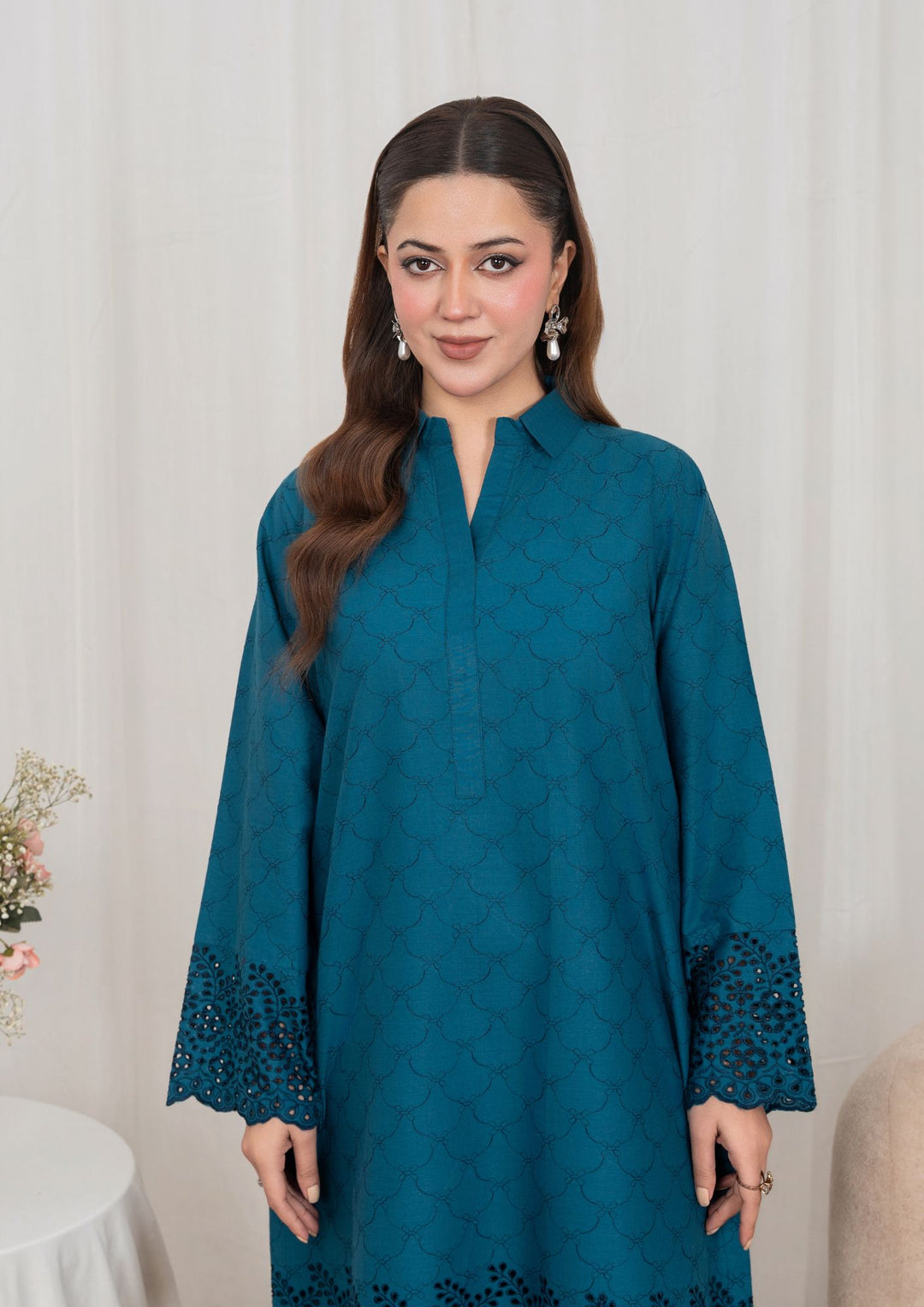 2pc Schiffli Embroidered Cambric Teal Set JASHAN-J26-0045