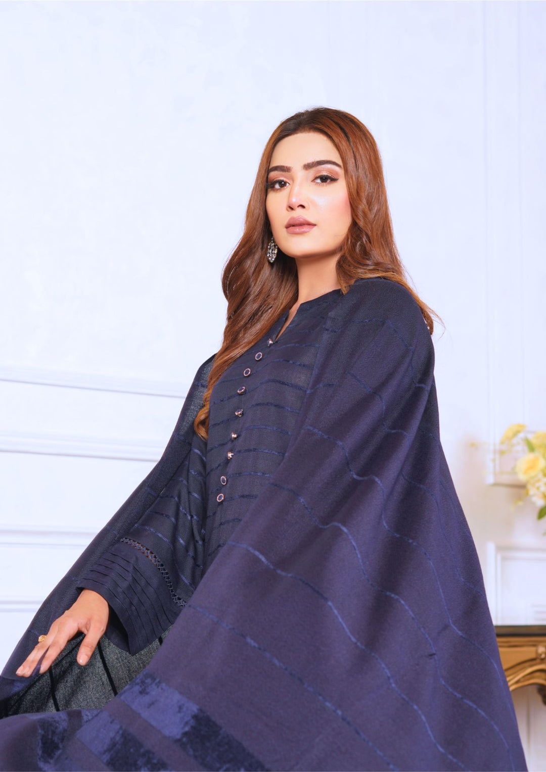 3pc Alpine Velvet Shirt with Velvet Border Shawl and Plain Trouser W24-VEL-0004
