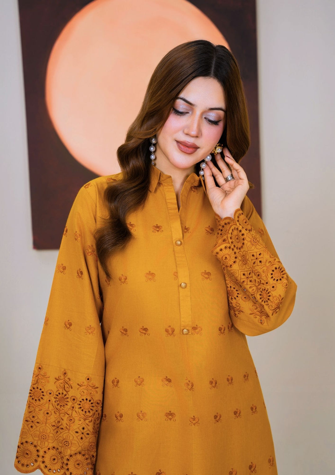 2pc Schiffli Embroidered Cambric Mustard Set | BASANT-B25-0006