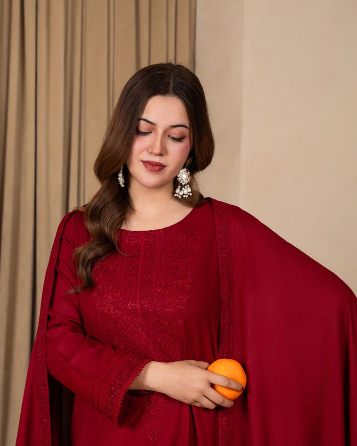 3pc Embroidered Alpine Karandi with Embroidered Border Shawl Maroon AML-W25-0102
