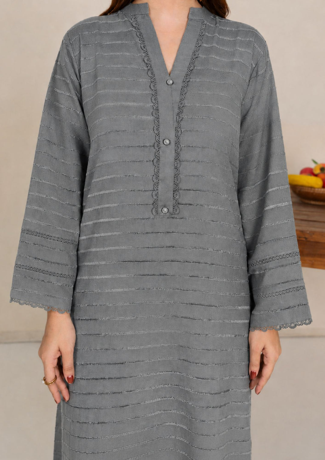 3pc Alpine Velvet Shirt with Velvet Border Shawl and Plain Trouser Grey AML-W26-0001