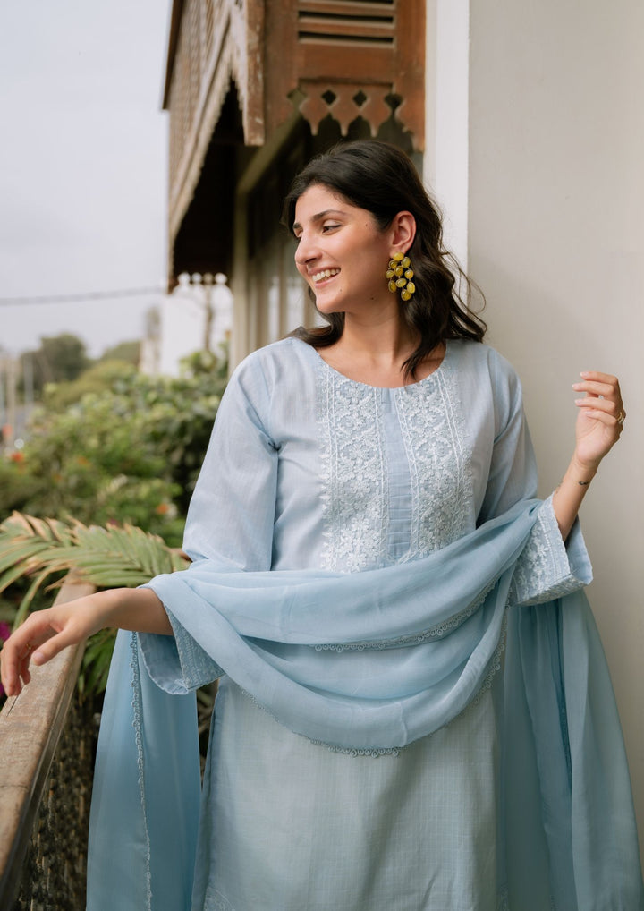 3Pc Ice Blue Embroidered Lawn with Chiffon Dupatta RIW-R26-0006