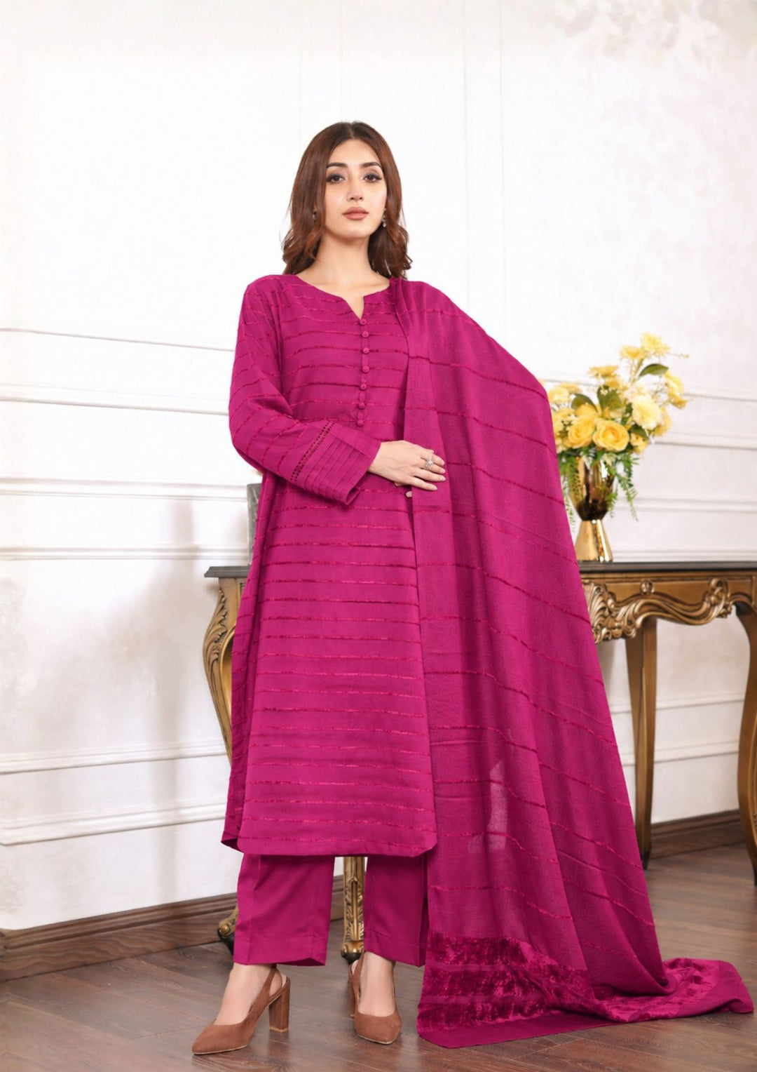 3pc Alpine Velvet Shirt with Velvet Border Shawl and Plain Trouser Hot Pink AML-W26-0006