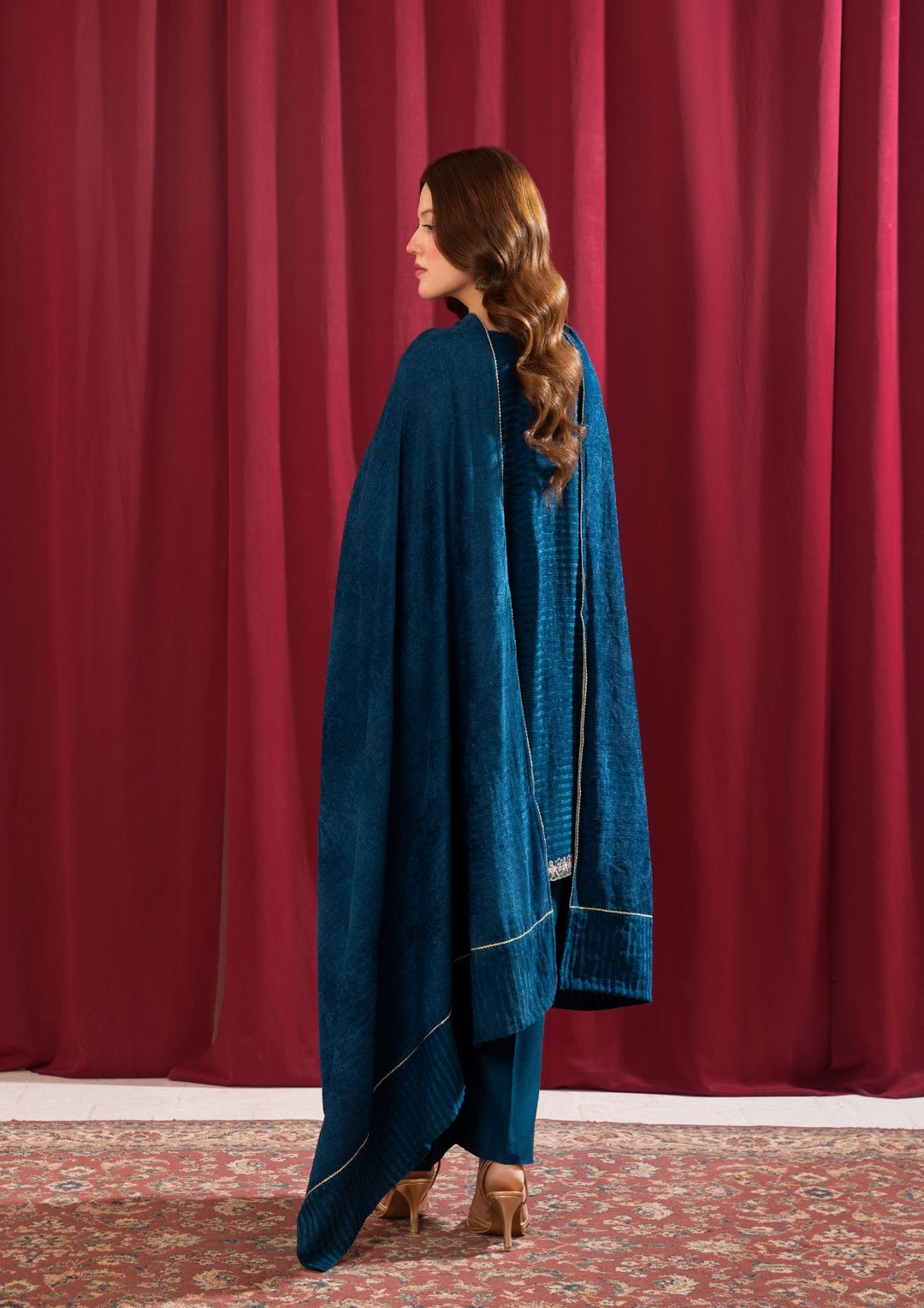 3Pc Alpine Velvet Tilla Embroidered with Velvet Shawl Teal AFP-A25-0001