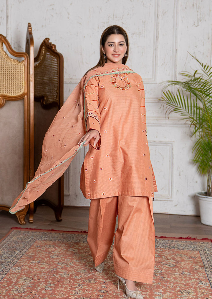 3Pc Multi Embroidered Lawn with Chiffon Dupatta Peach RIW-R26-0042