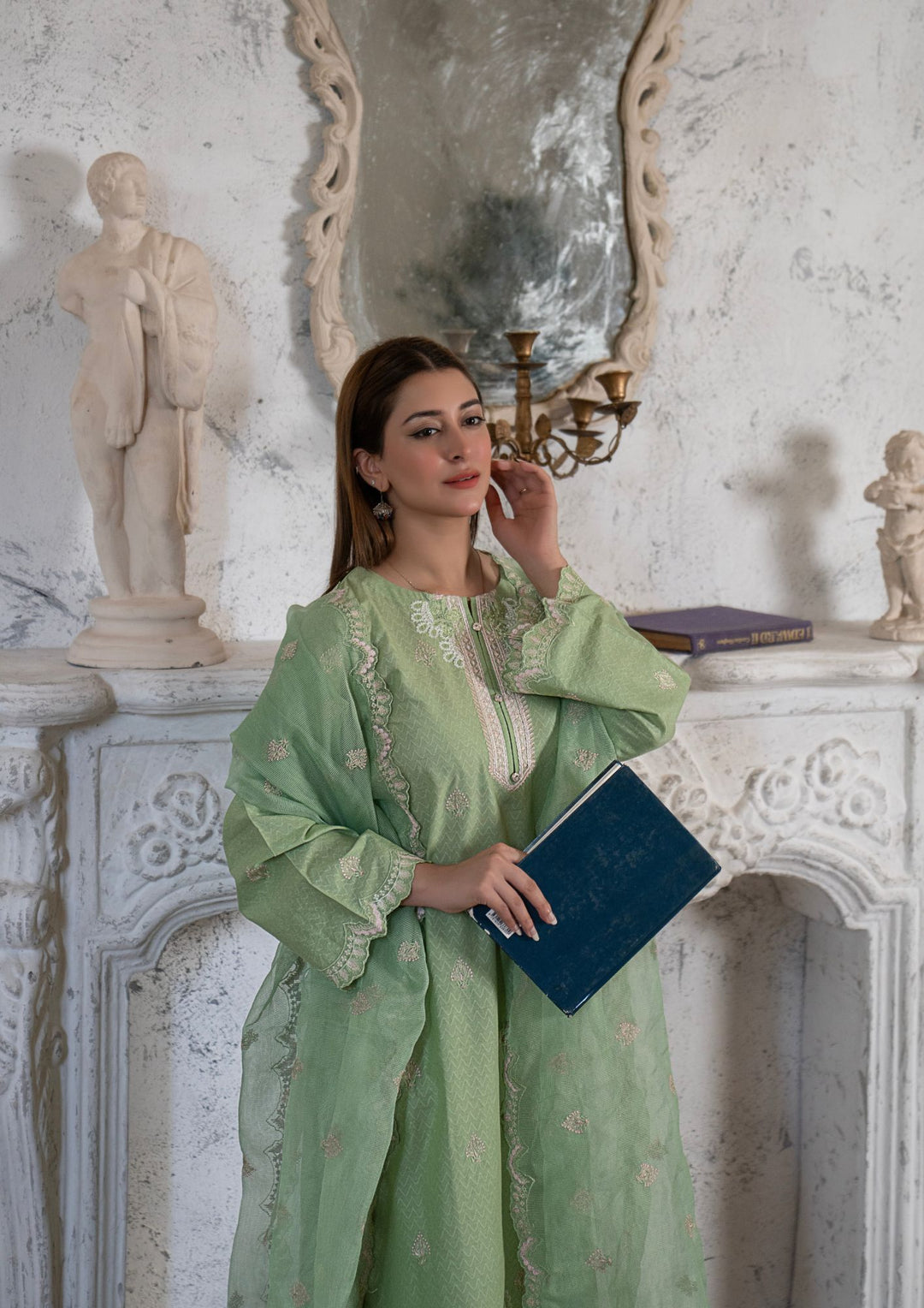 3Pc Multi Embroidered Lawn with Chiffon Dupatta Pistachio RIW-R26-0046