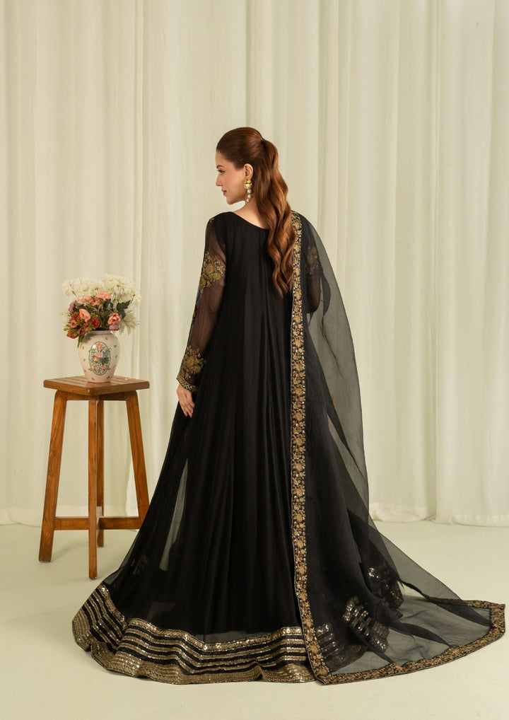 2Pc Embroidered Chiffon Frock with Net Dupatta Black | LUXE-L25-0005