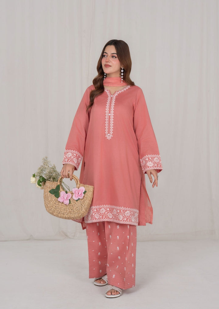 3Pc Peach Embroidered Lawn with Chiffon Dupatta RIW-R26-0008