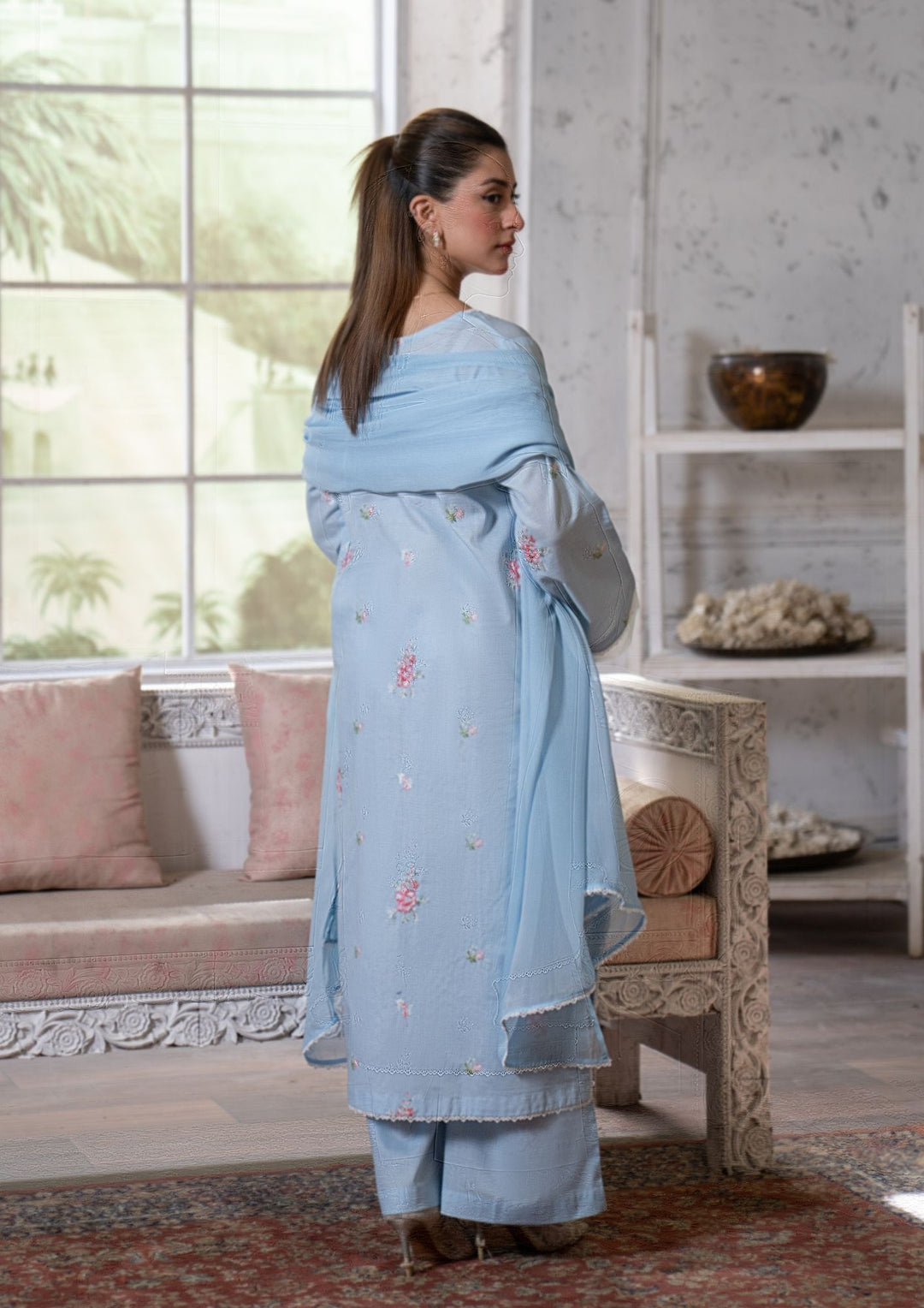 3Pc Multi Embroidered Lawn with Chiffon Dupatta Sky Blue RIW-R26-0039