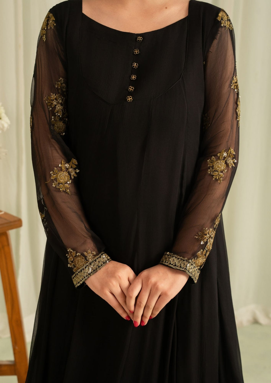2Pc Embroidered Chiffon Frock with Net Dupatta Black | LUXE-L25-0005
