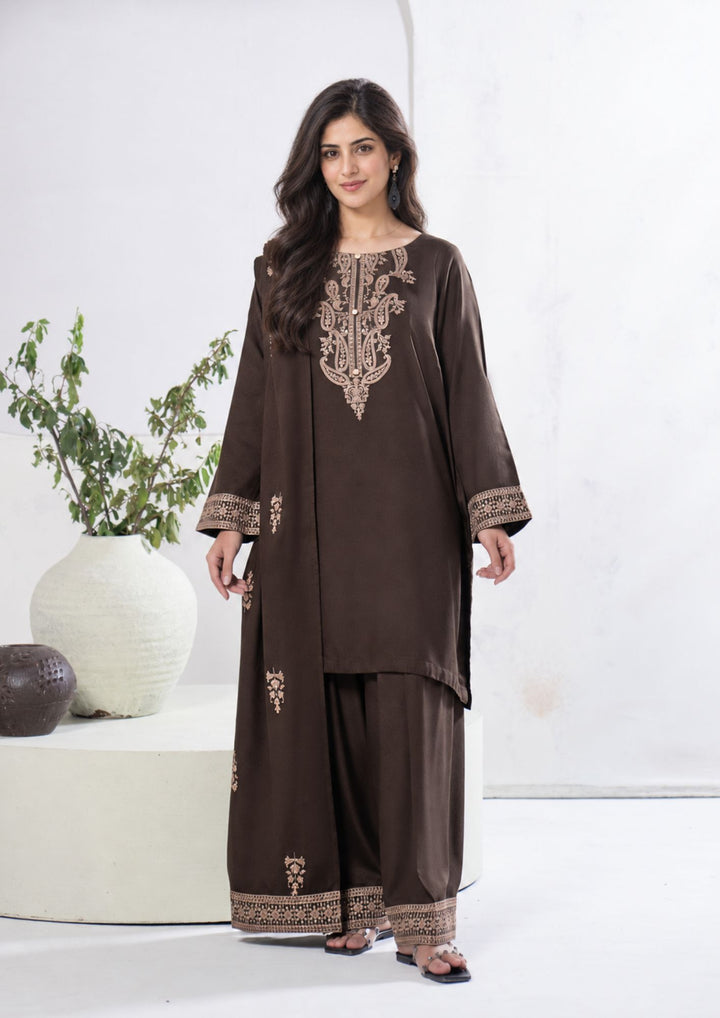 3Pc Embroidered Alpine Karandi Chocolate SAY-W26-0009
