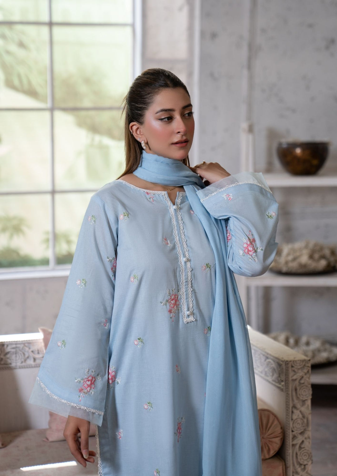 3Pc Multi Embroidered Lawn with Chiffon Dupatta Sky Blue RIW-R26-0039