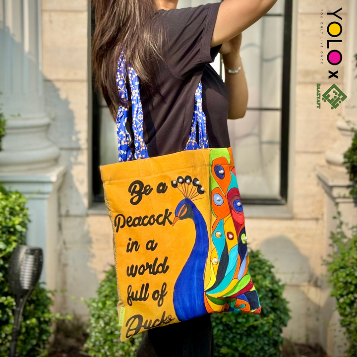 HANDCRAFTED AND HANDPAINTED TOTE BAG WITH BRAIDED STRAP BAZ-B25-0013