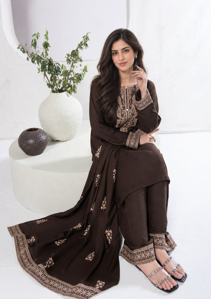 3Pc Embroidered Alpine Karandi Chocolate SAY-W26-0009