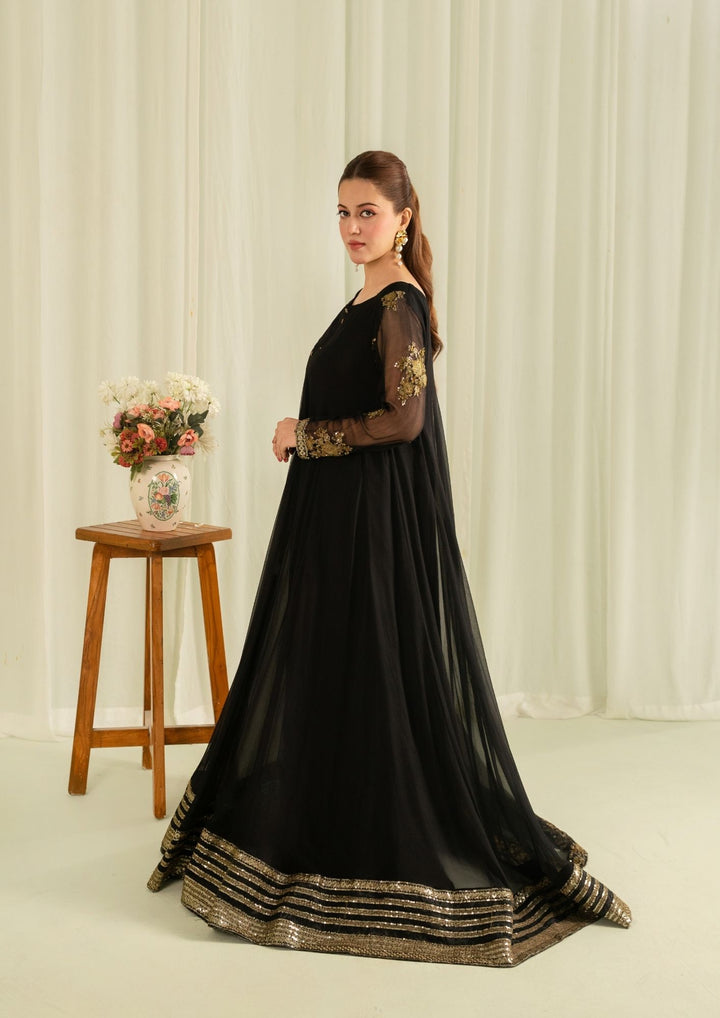 2Pc Embroidered Chiffon Frock with Net Dupatta Black | LUXE-L25-0005