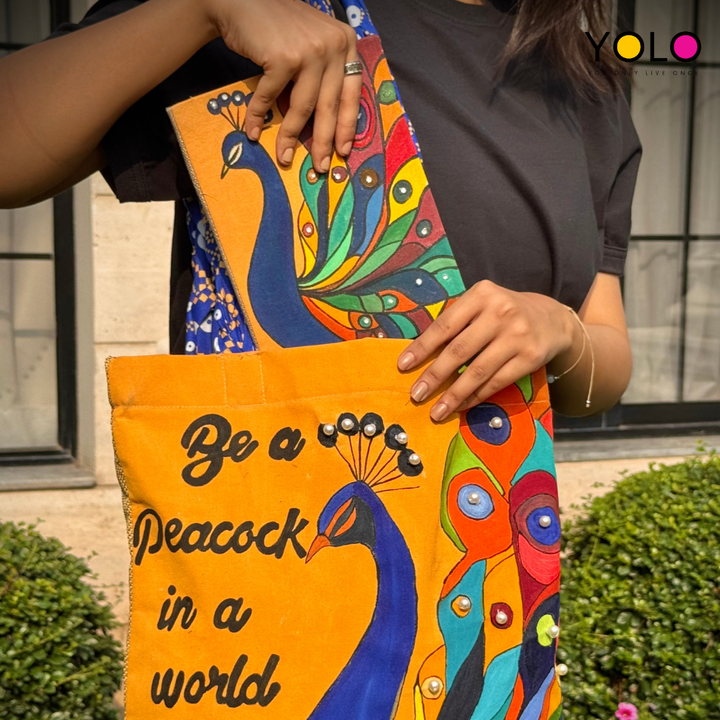 HANDCRAFTED AND HANDPAINTED TOTE BAG WITH BRAIDED STRAP BAZ-B25-0013