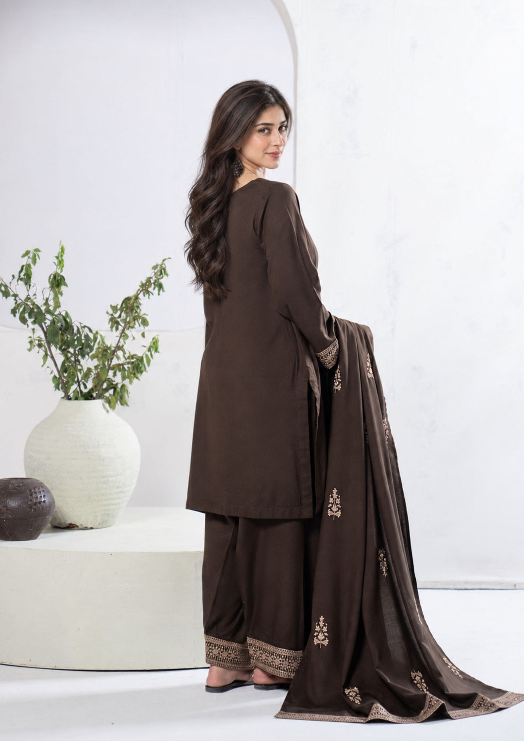 3Pc Embroidered Alpine Karandi Chocolate SAY-W26-0009