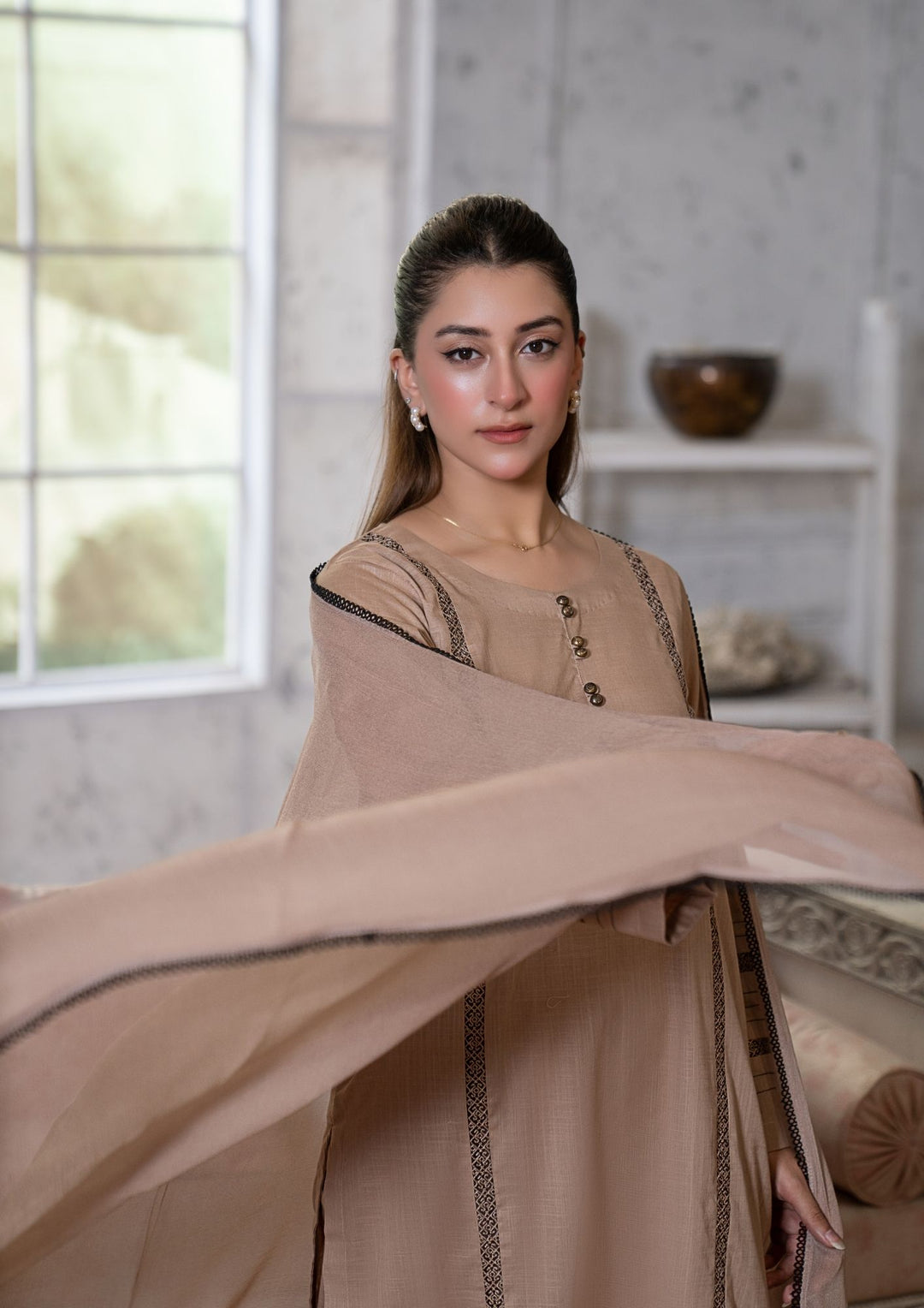 3Pc Lawn Beige with Chiffon Dupatta MONO-M26-0010