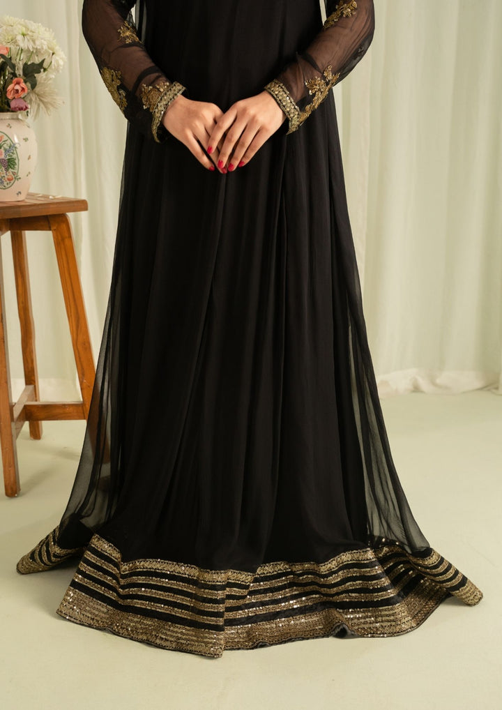 2Pc Embroidered Chiffon Frock with Net Dupatta Black | LUXE-L25-0005