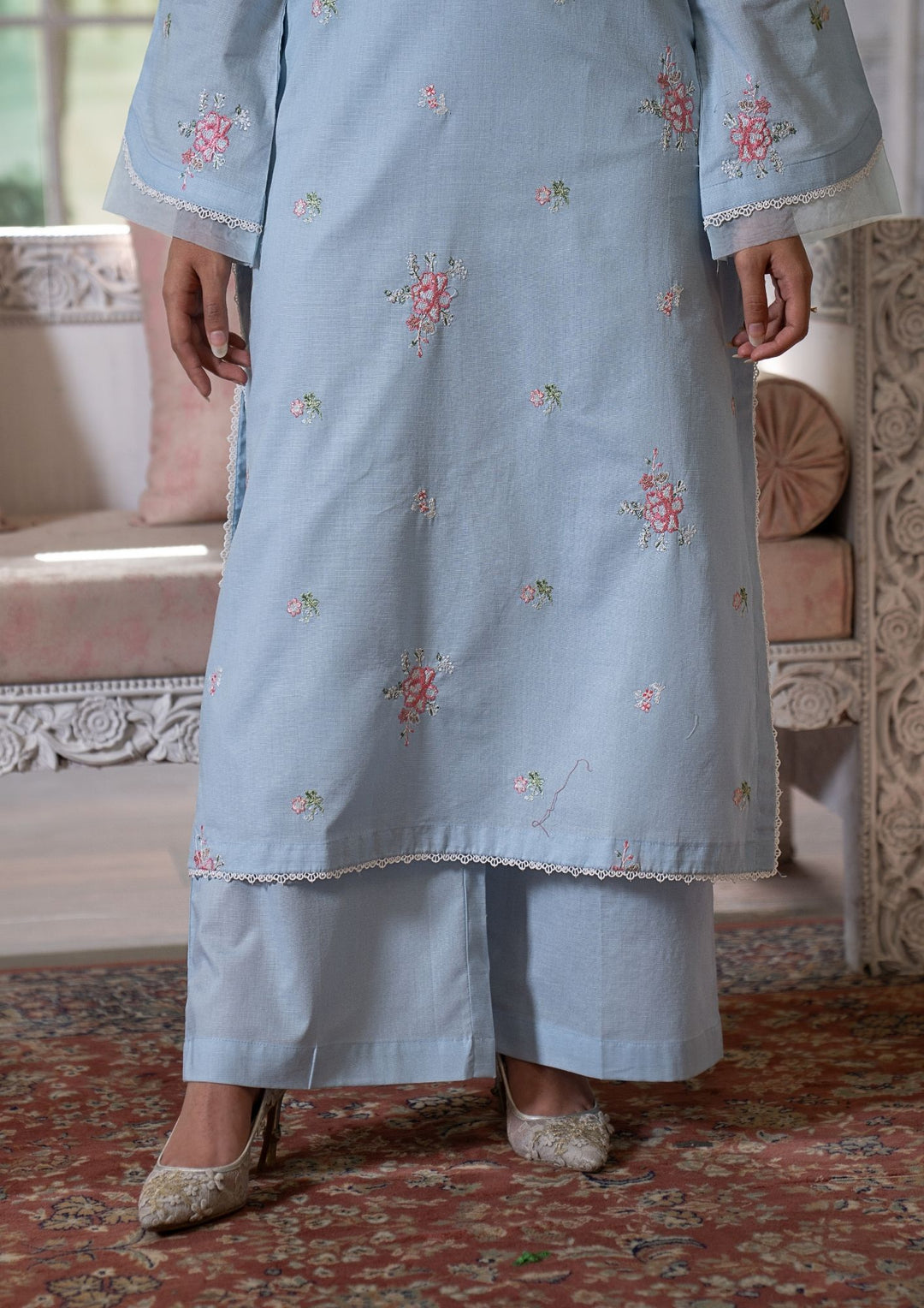 3Pc Multi Embroidered Lawn with Chiffon Dupatta Sky Blue RIW-R26-0039