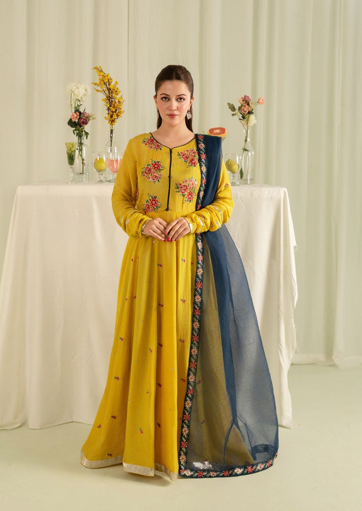 2Pc Embroidered Raw Silk with Net Dupatta Mustard Yellow | LUXE-L25-0006