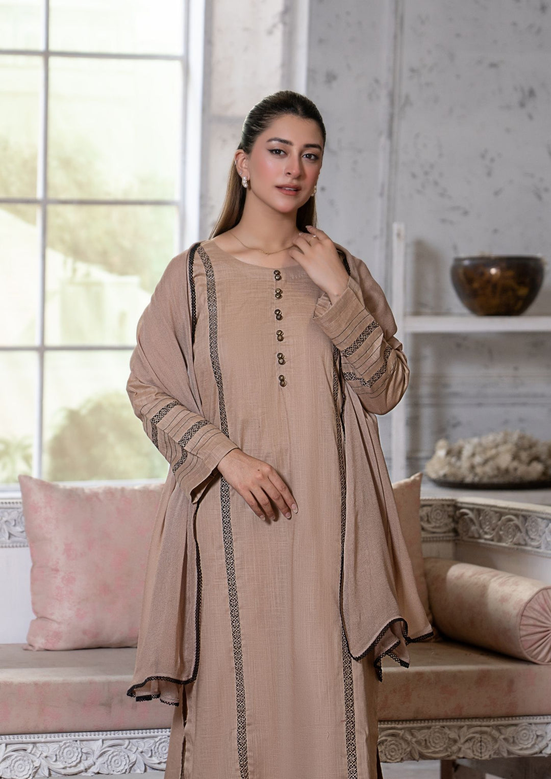 3Pc Lawn Beige with Chiffon Dupatta MONO-M26-0010