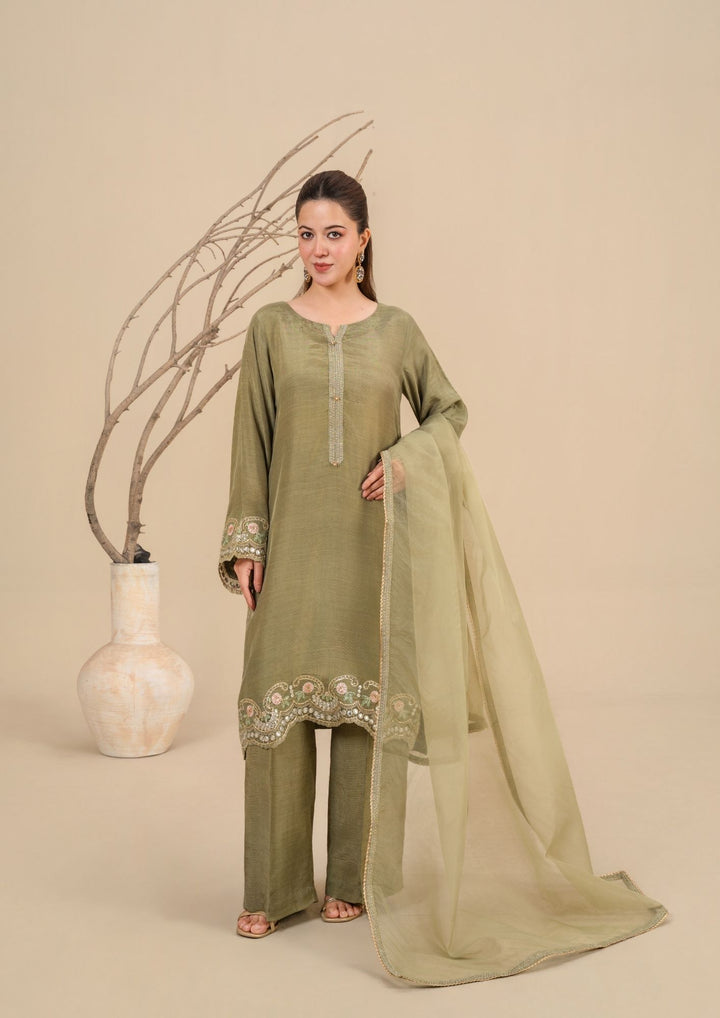 3Pc Embroidered Silk Viscose Olive Green JASHAN-J26-0017