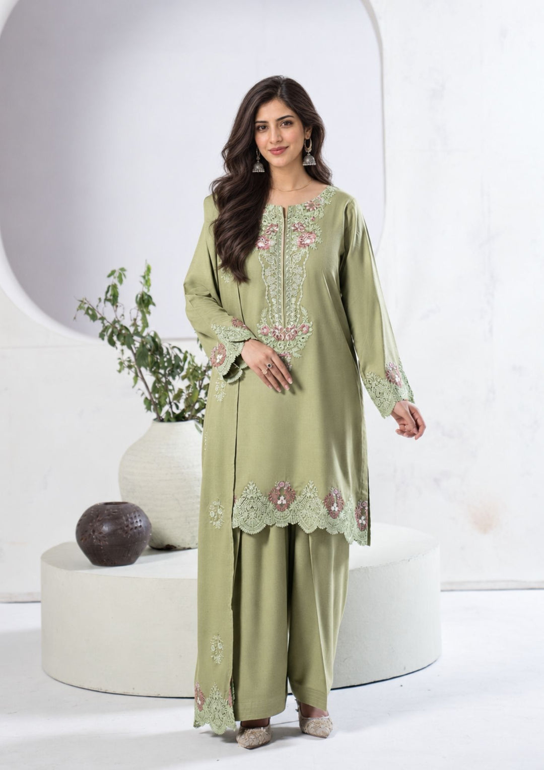 3Pc Embroidered Alpine Karandi Pistachio SAY-W26-0010