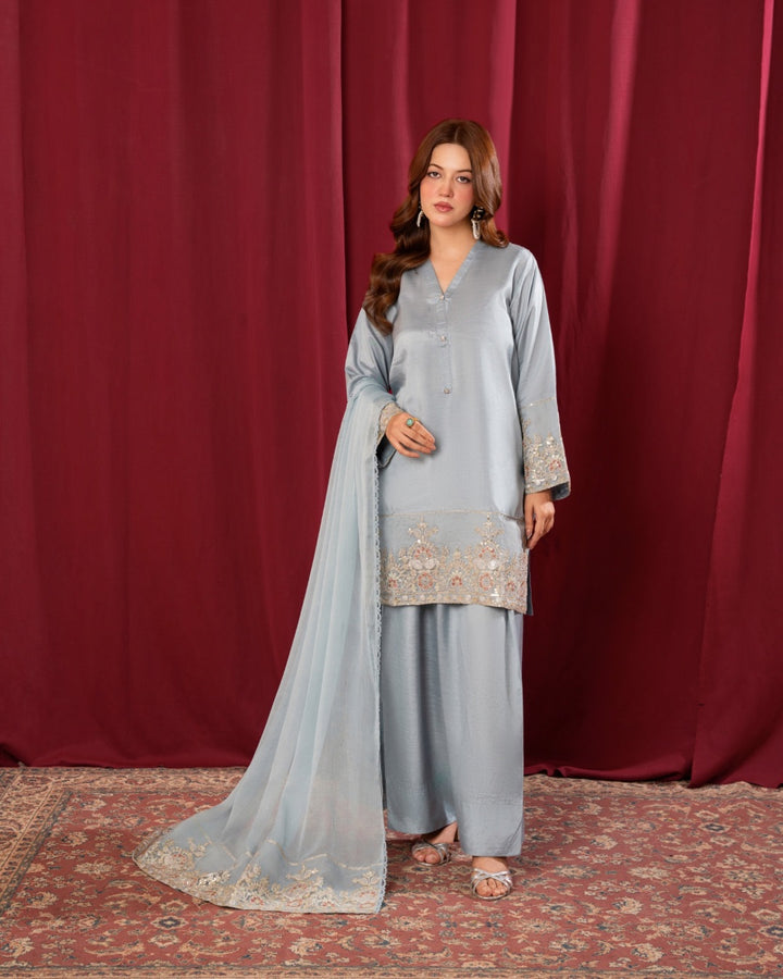3Pc Embroidered Silk Viscose with Farshi Shalwar with Chiffon Embroidered Bordered Dupatta JASHAN-S25-0037