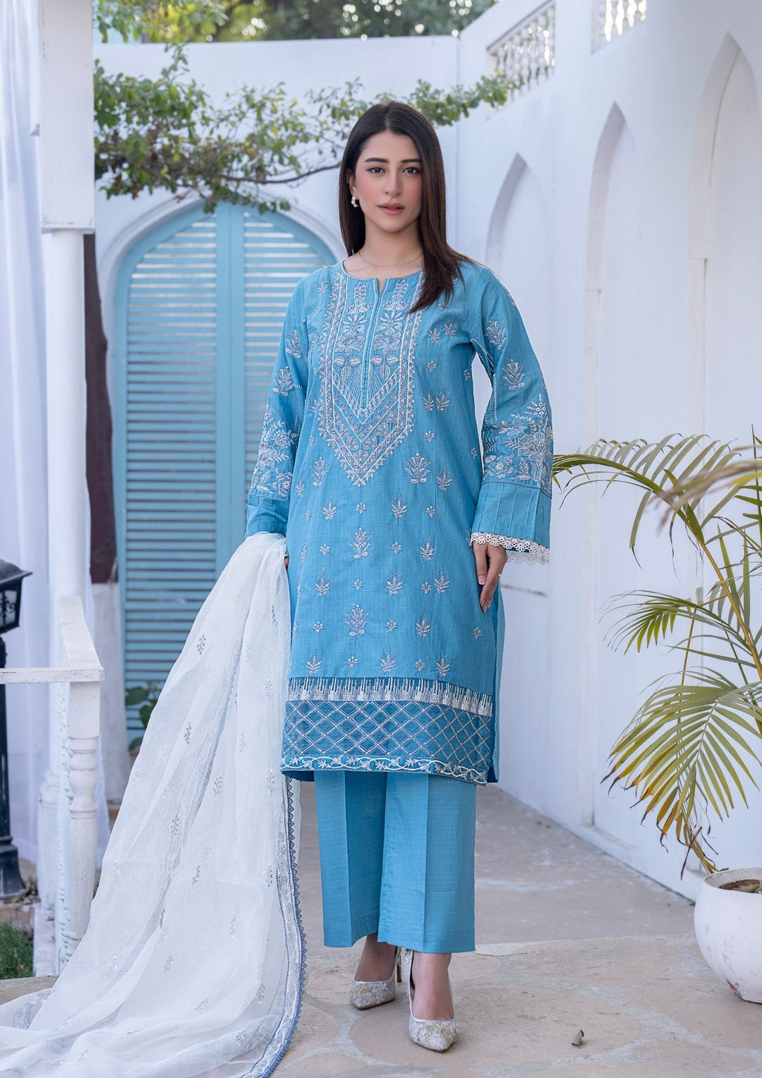 3Pc Embroidered Lawn with Check Organza Dupatta SUM-M26-0001