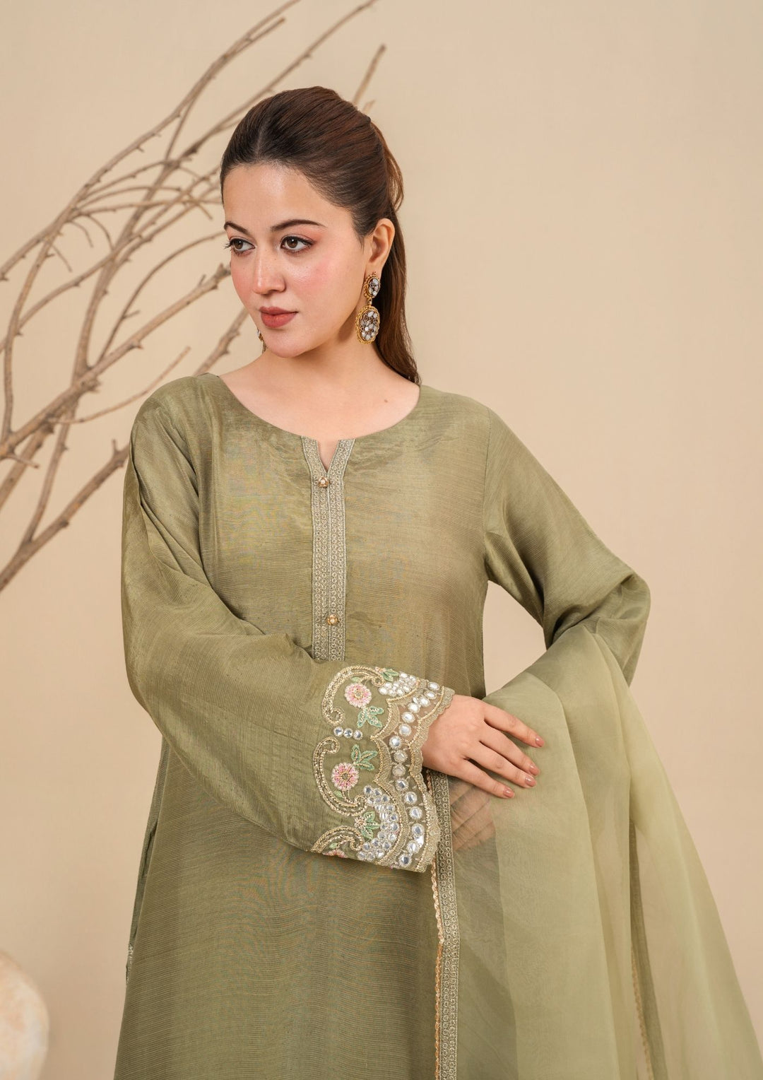 3Pc Embroidered Silk Viscose Olive Green JASHAN-J26-0017