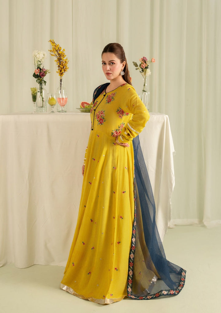 2Pc Embroidered Raw Silk with Net Dupatta Mustard Yellow | LUXE-L25-0006
