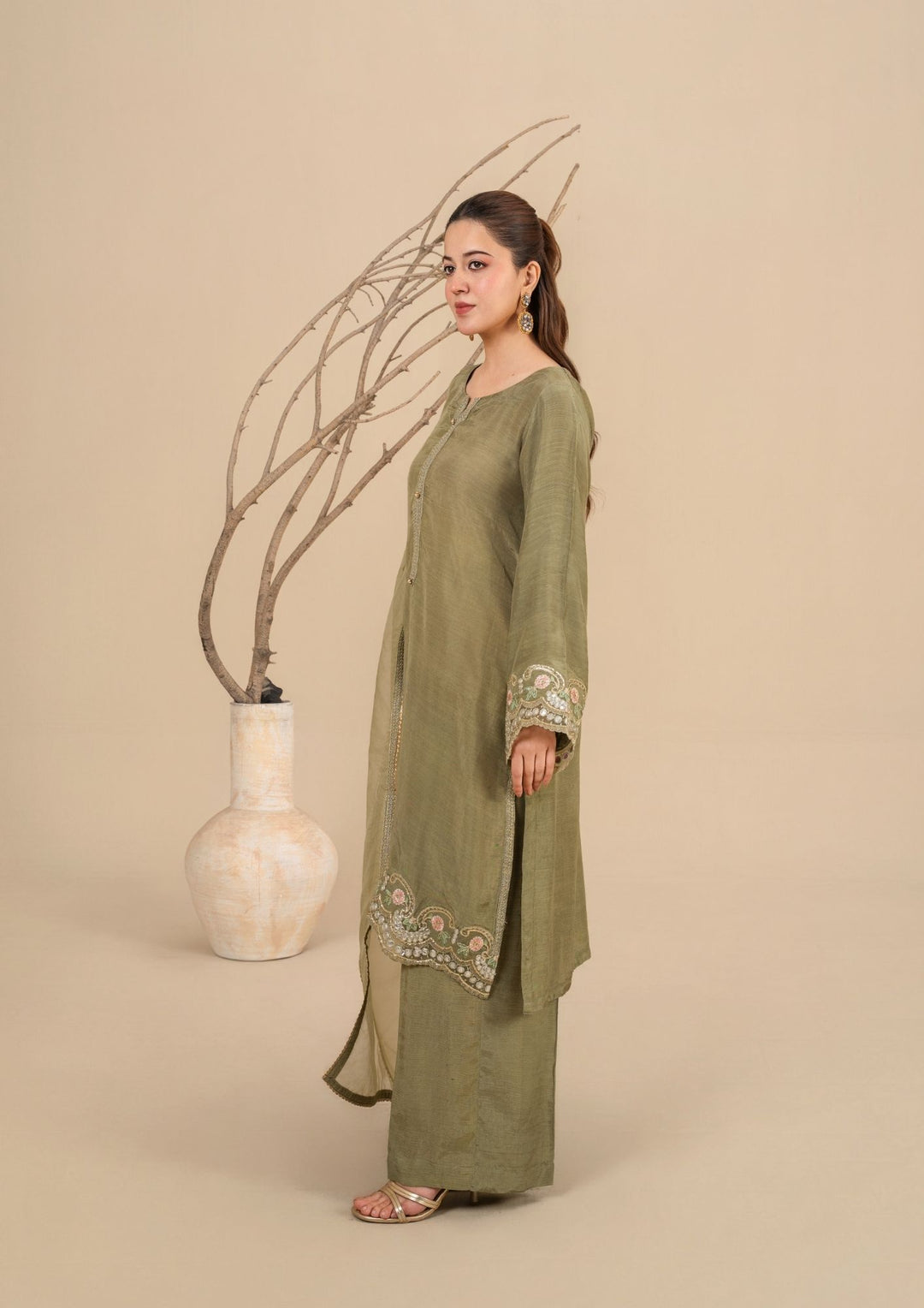 3Pc Embroidered Silk Viscose Olive Green JASHAN-J26-0017