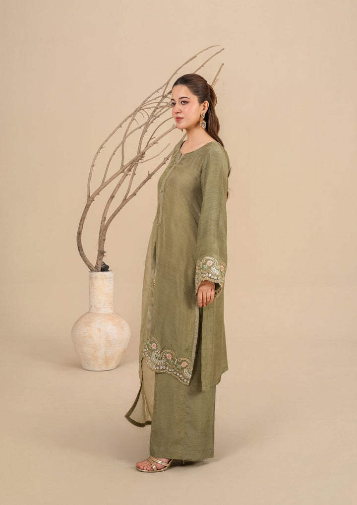 3Pc Embroidered Silk Viscose Olive Green JASHAN-J26-0017