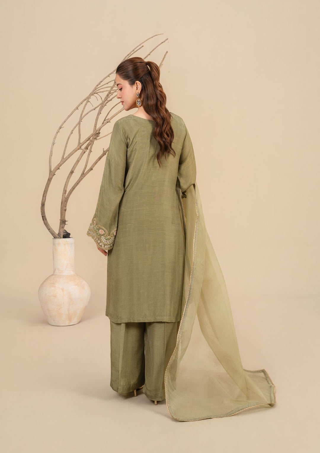 3Pc Embroidered Silk Viscose Olive Green JASHAN-J26-0017