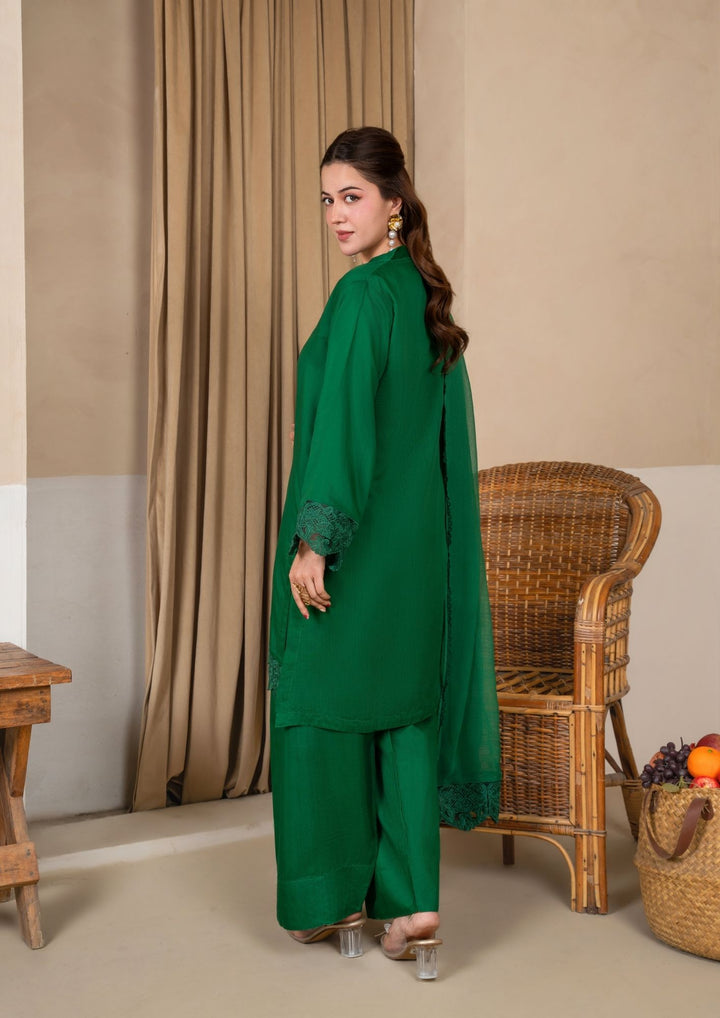 3Pc Embroidered Silk Viscose with Farshi Shalwar Bottle Green JASHAN-J26-0009