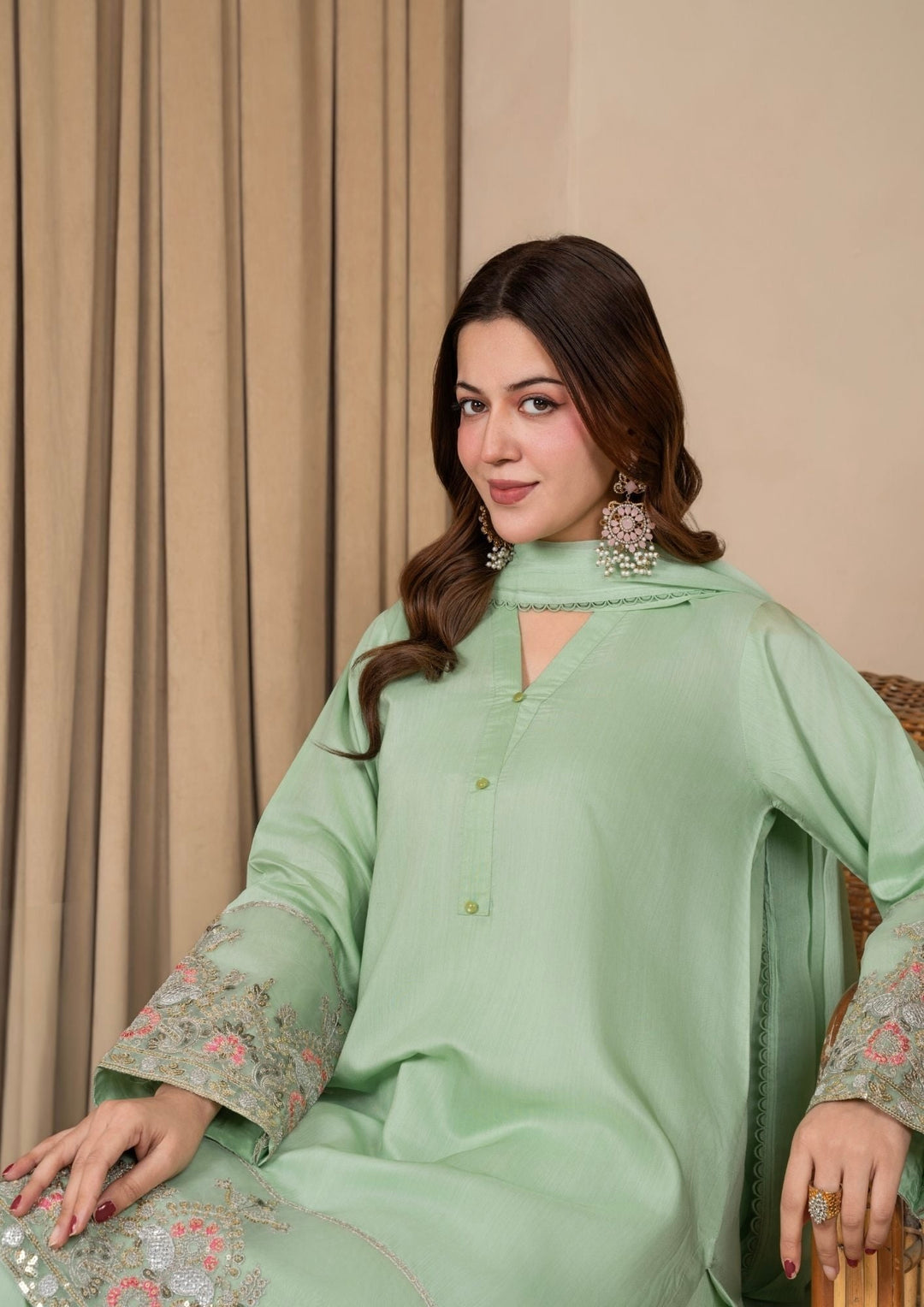 3Pc Embroidered Silk Viscose with Farshi Shalwar Mint JASHAN-J26-0005