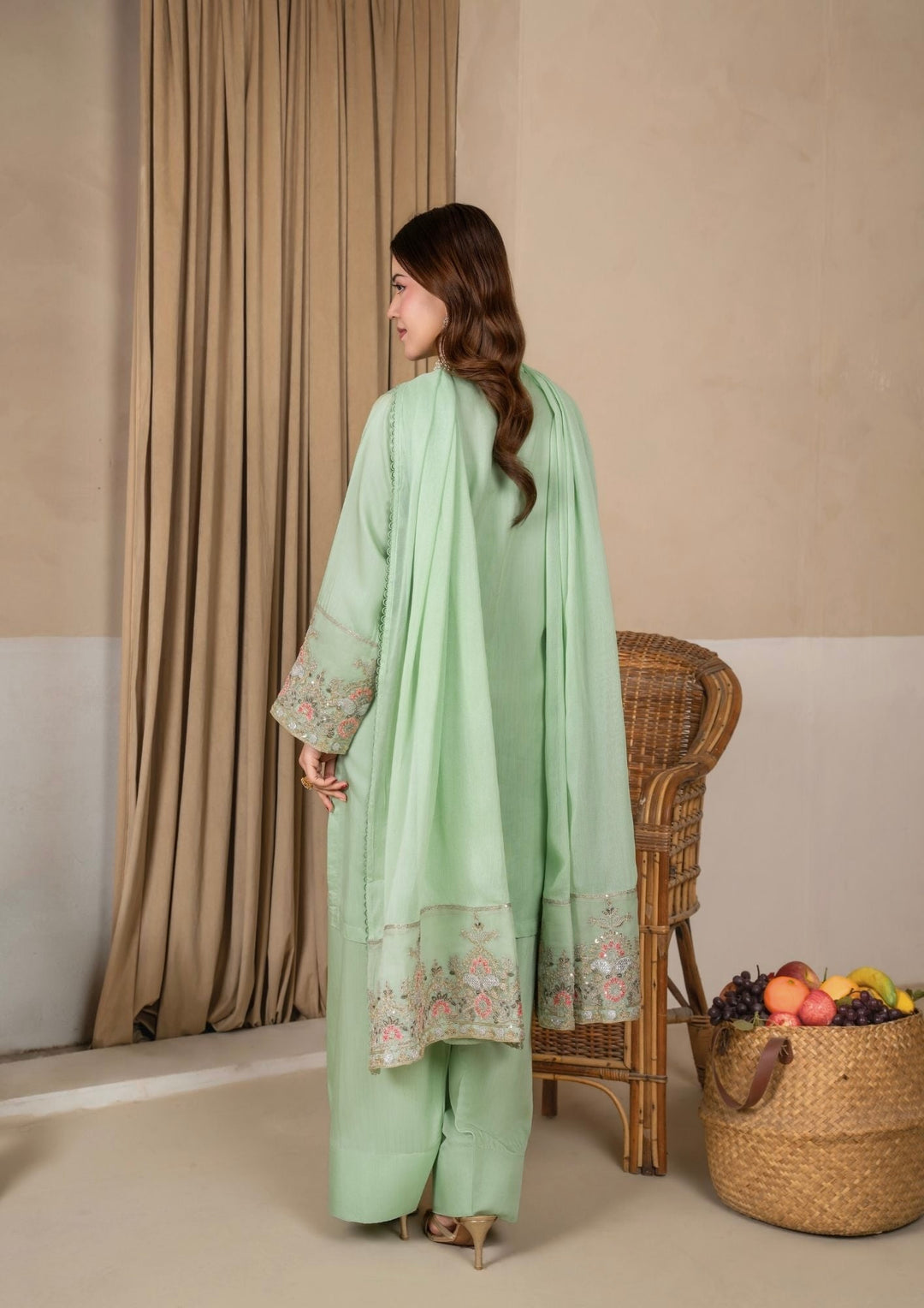 3Pc Embroidered Silk Viscose with Farshi Shalwar Mint JASHAN-J26-0005