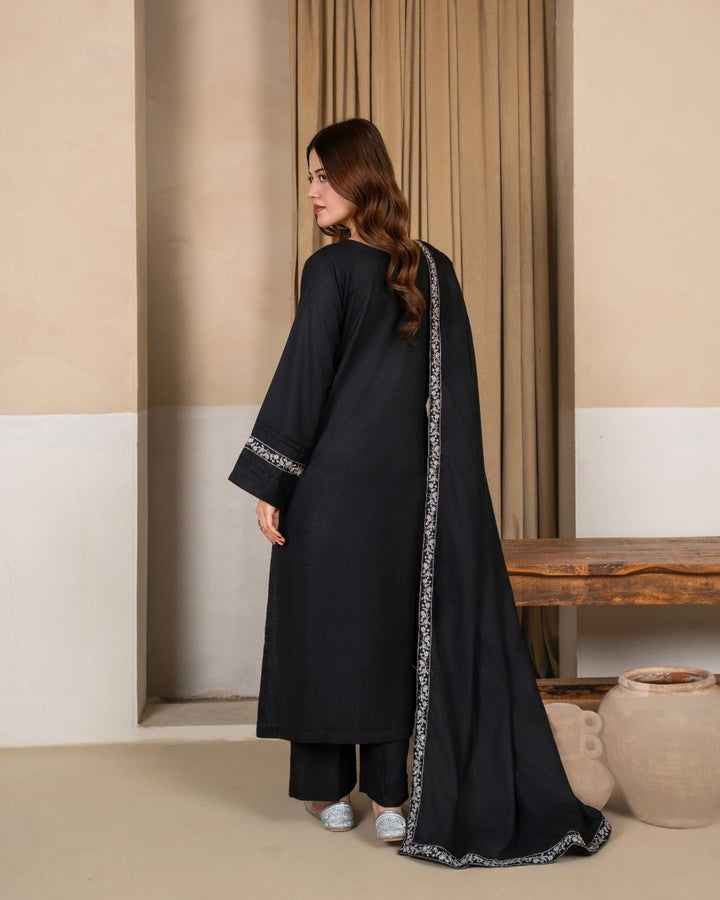 3pc Embroidered Alpine Karandi with Embroidered Border Shawl Black AML-W25-0100