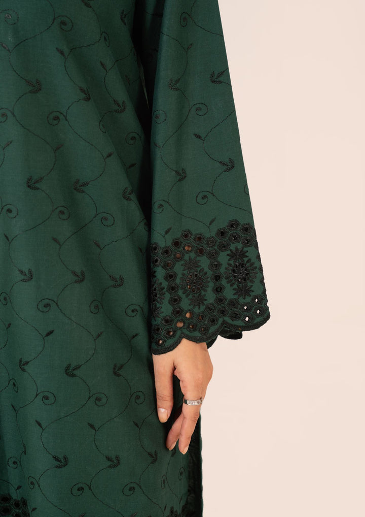 2pc Schiffli Embroidered Cambric Bottle Green Set Rozana-W25-0026