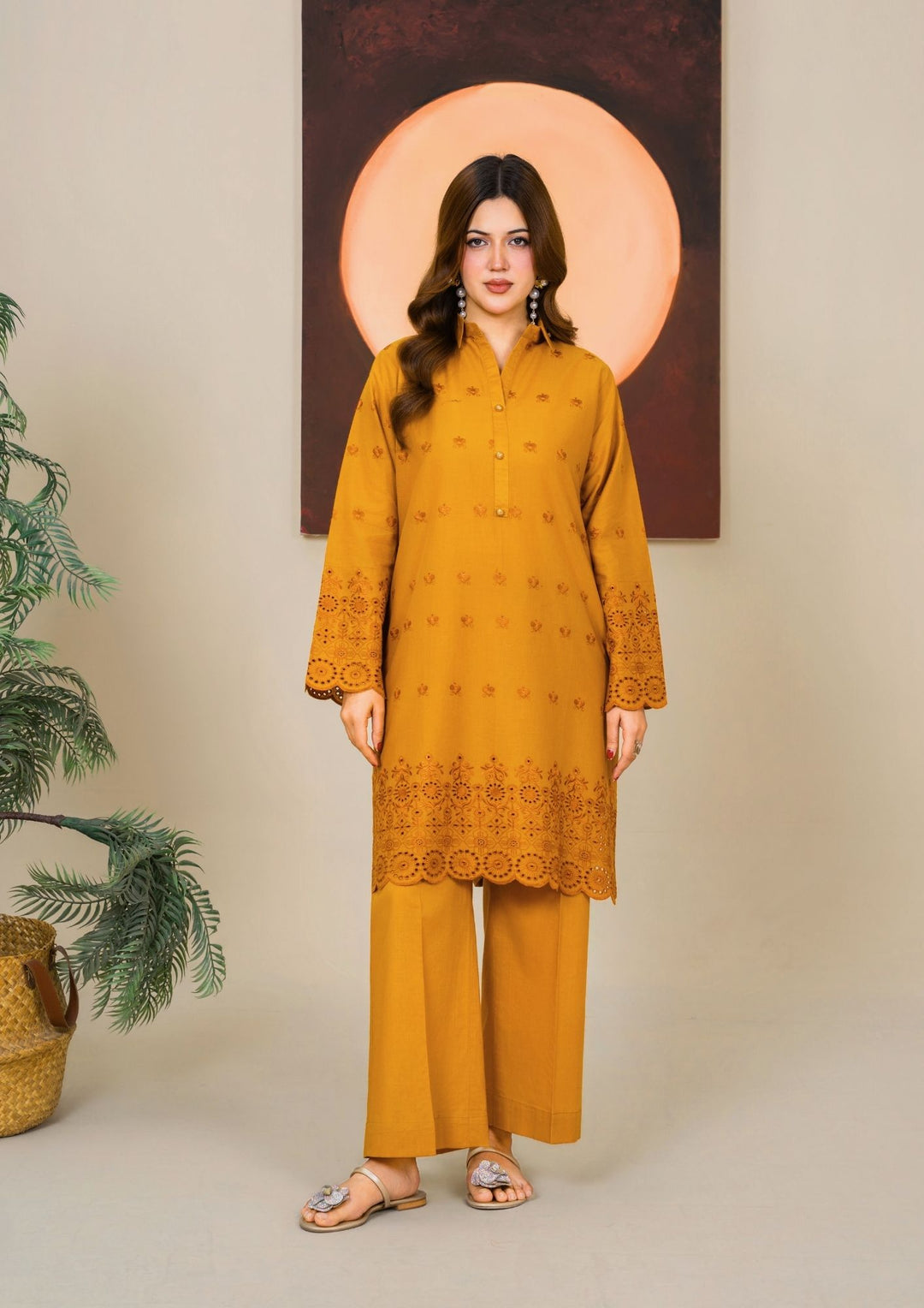 2pc Schiffli Embroidered Cambric Mustard Set | BASANT-B25-0006