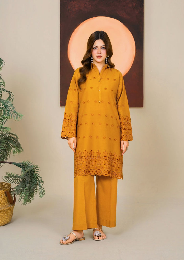 2pc Schiffli Embroidered Cambric Mustard Set | BASANT-B25-0006