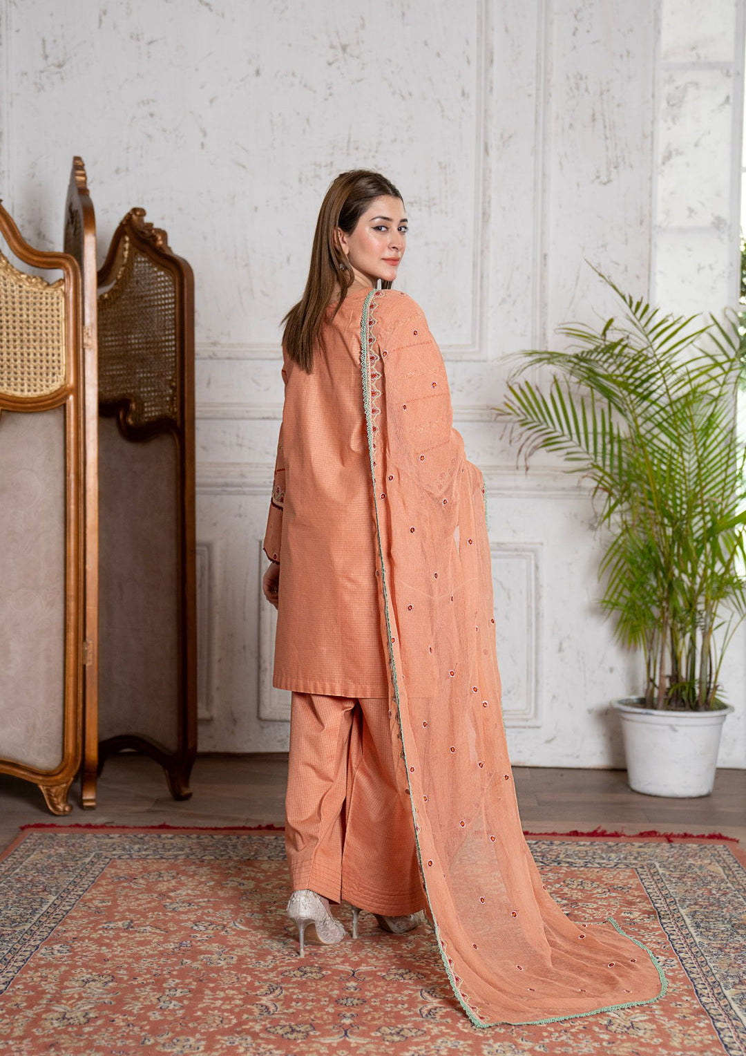 3Pc Multi Embroidered Lawn with Chiffon Dupatta Peach RIW-R26-0042