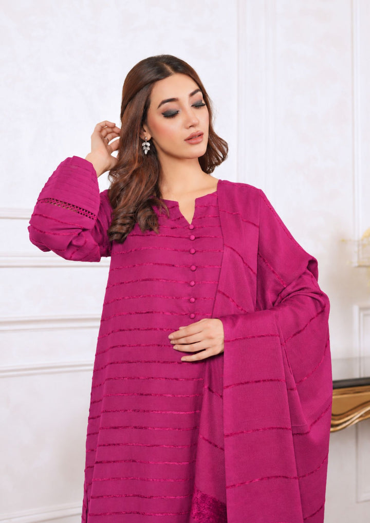 3pc Alpine Velvet Shirt with Velvet Border Shawl and Plain Trouser Hot Pink AML-W26-0006