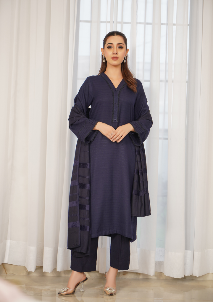 3pc Alpine Rib Shirt with Velvet Border Shawl and Plain Trouser W24-VEL-0002