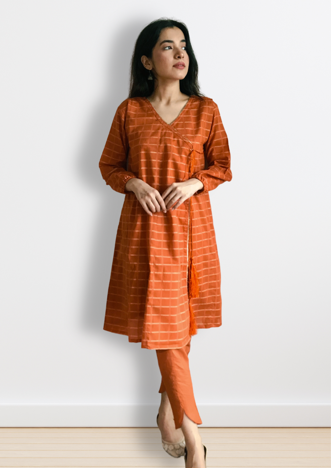 2 Pc Golden Check Angrakha Frock with Tulip Trouser SRTW-0121