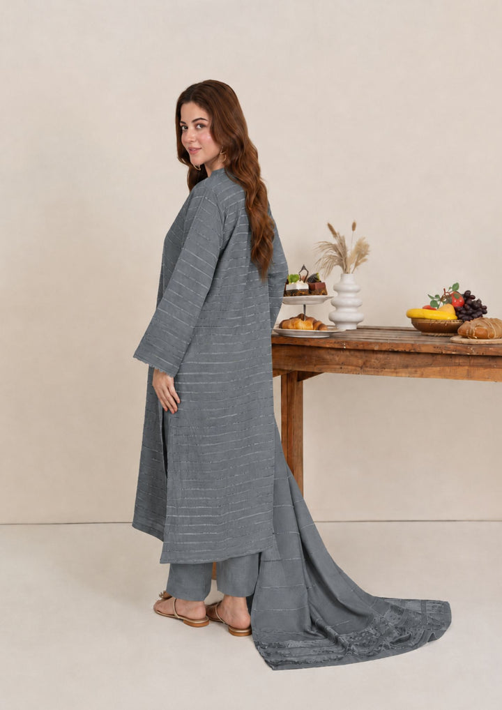 3pc Alpine Velvet Shirt with Velvet Border Shawl and Plain Trouser Grey AML-W26-0001